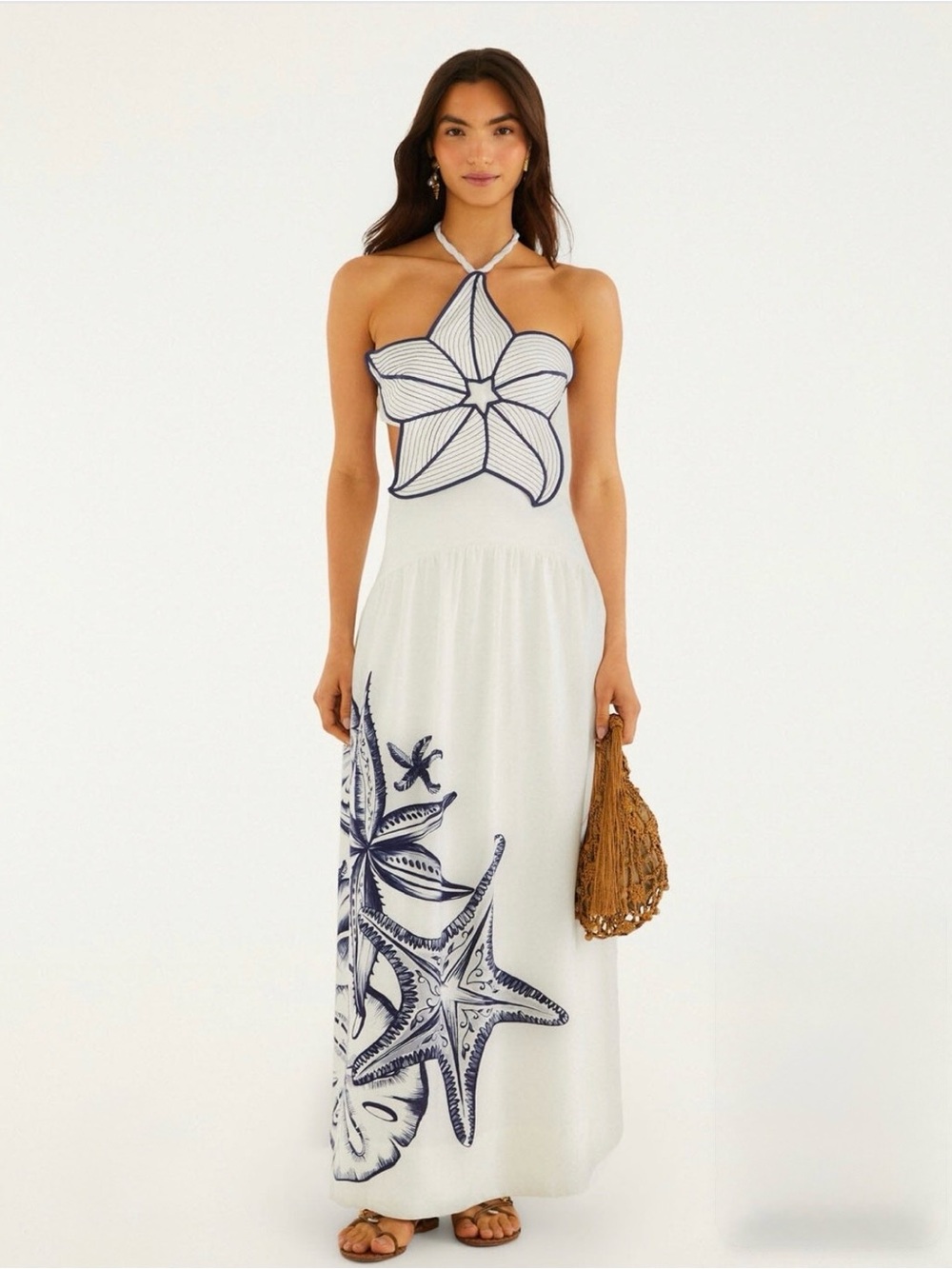 FARM Rio Off-White Coast Stars 3D Bodice Maxi Dress, Sz Small